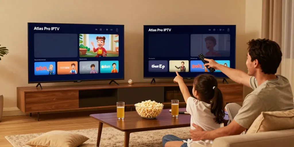 Famille utilisant Atlas Pro IPTV pour regarder des chaînes en direct dans un salon confortable.