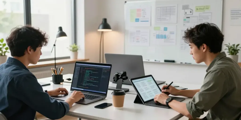 Développeurs en collaboration sur Atlas pro, codant et révisant des designs dans un espace de travail moderne.