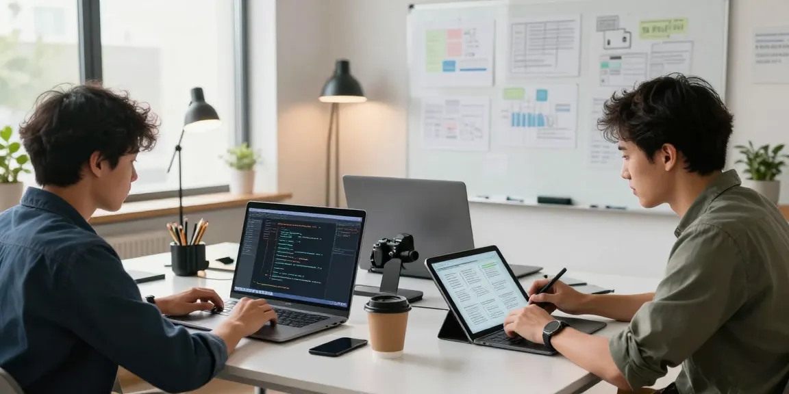 Développeurs en collaboration sur Atlas pro, codant et révisant des designs dans un espace de travail moderne.