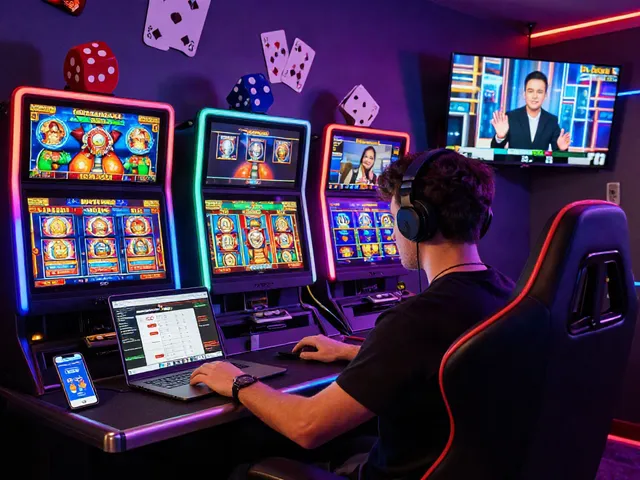 Scène de jeu en ligne sur https://studiobarw.com/ avec un joueur devant plusieurs écrans montrant des machines à sous colorées et un croupier en direct.
