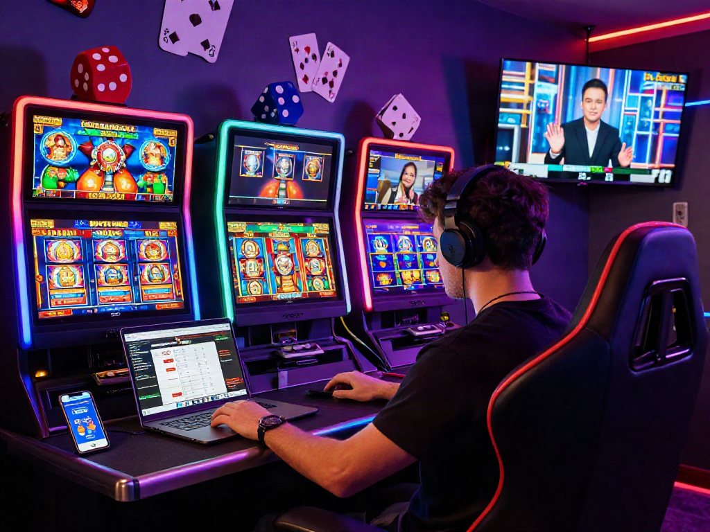 Scène de jeu en ligne sur https://studiobarw.com/ avec un joueur devant plusieurs écrans montrant des machines à sous colorées et un croupier en direct.