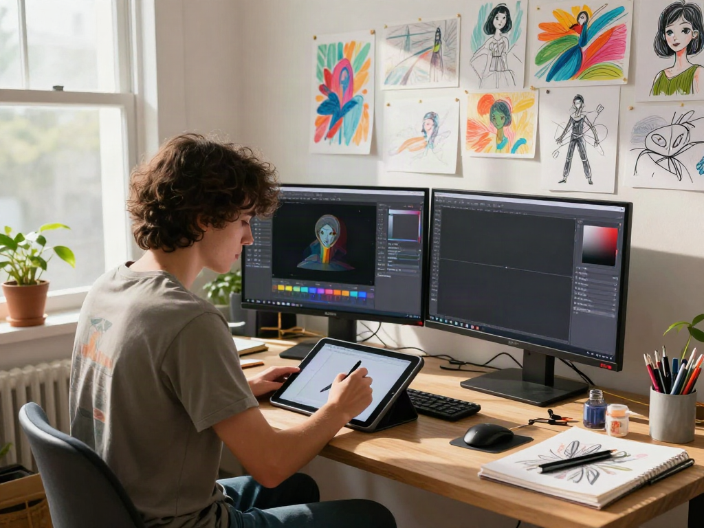 NSFW AI-generated art process in a vibrant digital studio, showcasing creativity and technology