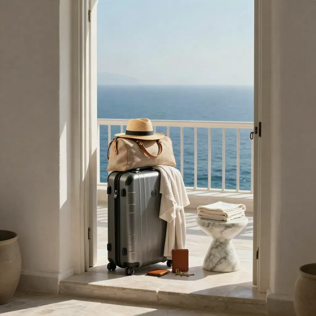 Suite méditerranéenne à l’aube avec valise, sac en lin, chapeau de paille et terrasse sur mer.