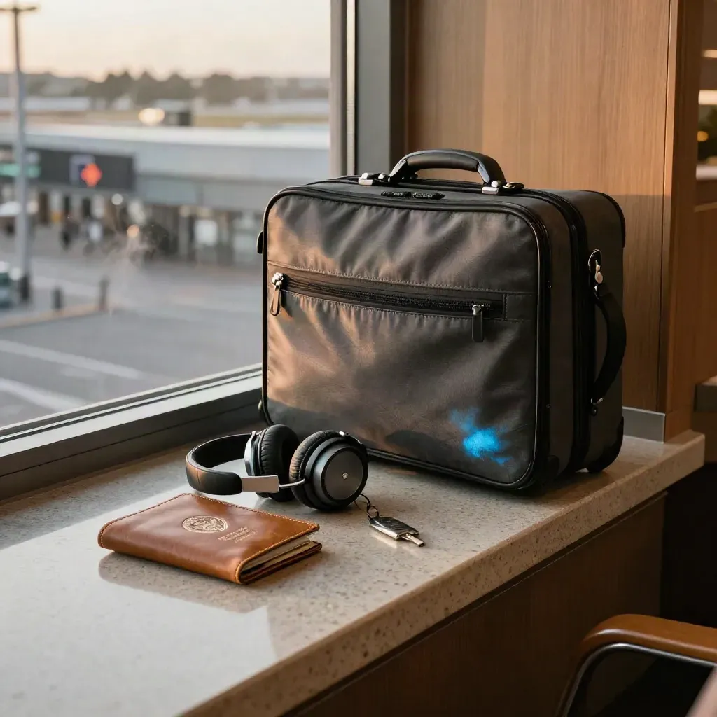 Valise cabine et accessoires de voyage sur une tablette de salon d’aéroport, lumière douce de fin d’après-midi.