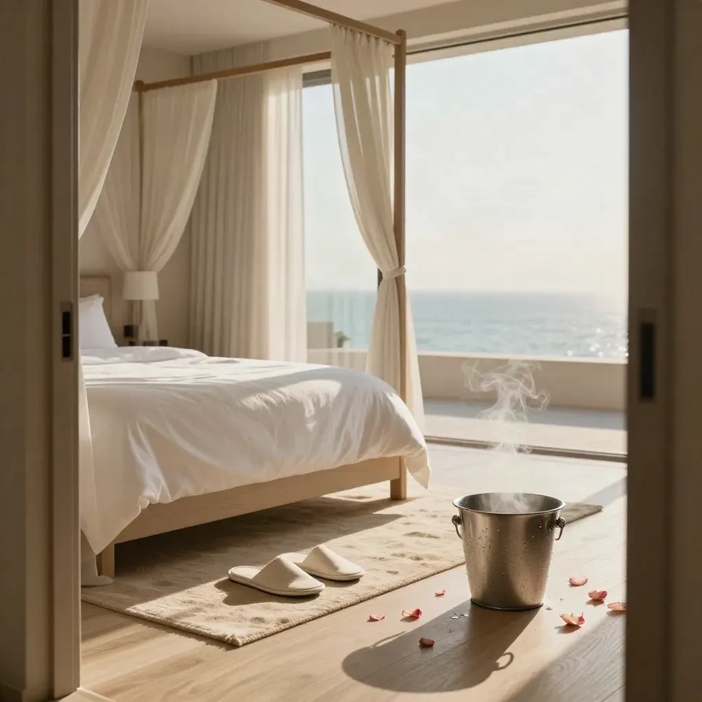 Suite romantique avec lit à baldaquin, pétales de rose et seau à champagne face à la mer.