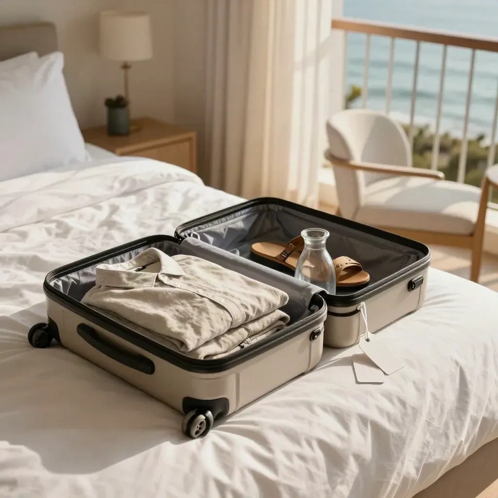 Valise ouverte sur un lit d’hôtel côtier, chemise en lin, sandales et carafe près d’une chaise.