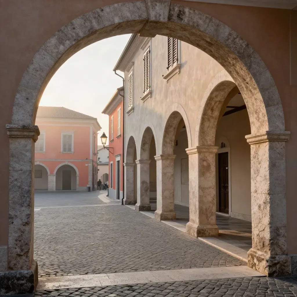 Arcades d’une vieille place au lever du jour, rue vide et lumière dorée.