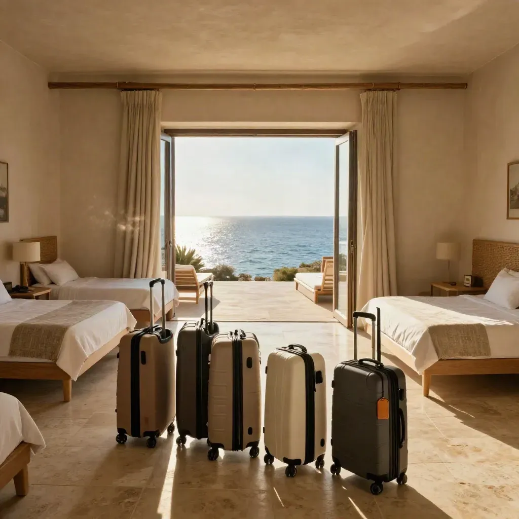 Suite familiale en Crète avec valises, lits faits et vue mer depuis la terrasse.