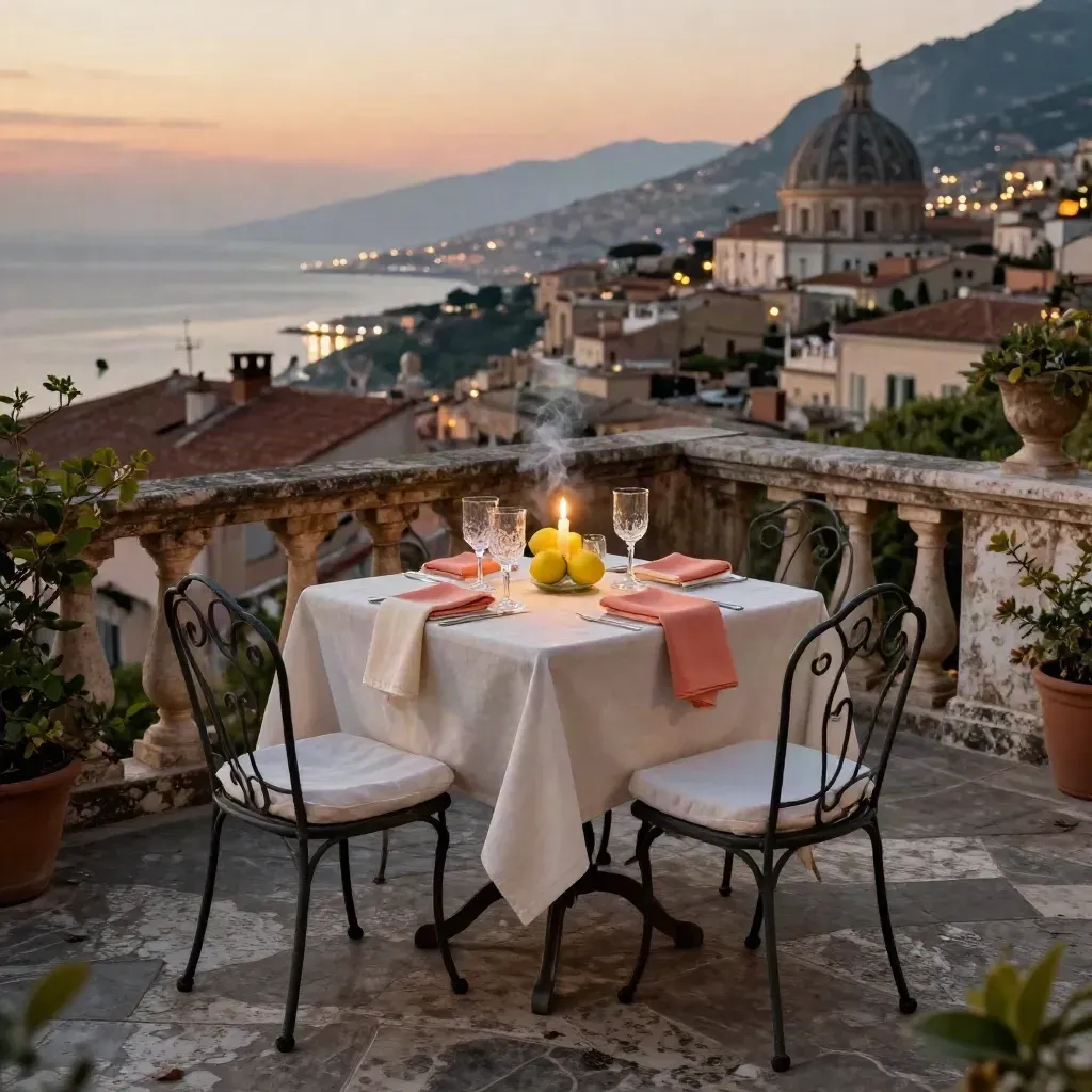 Terrasse romaine dressée pour deux, vue sur les toits et la baie au crépuscule.
