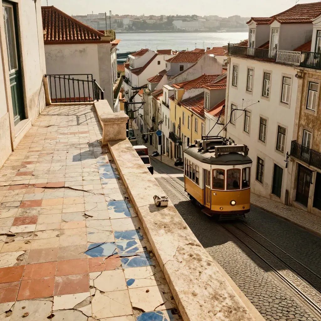 Terrasse de Lisbonne au-dessus des toits, azulejos, tram ocre et ruelles en pente.