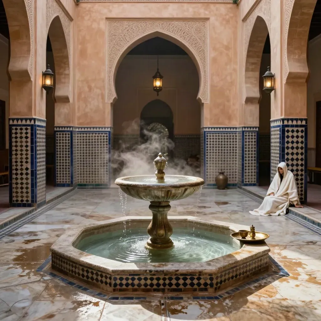 Cour de riad à Marrakech avec fontaine, zelliges, lanternes et plateau de thé.