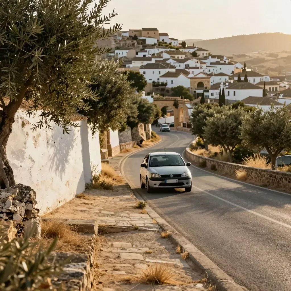 Voiture de location dans une route andalouse, murs blancs, oliviers et village au loin.