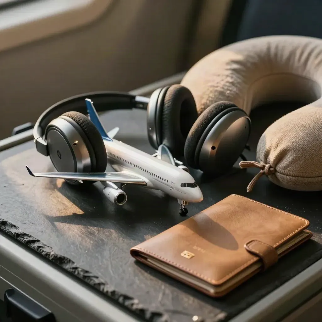 Casque, maquette d’avion, porte-passeport et coussin de nuque sur ardoise.