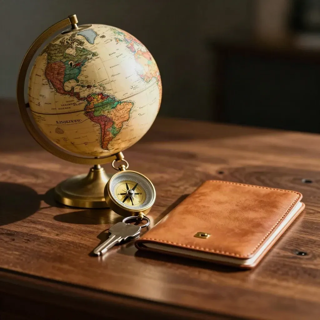 Gros plan d’un globe en laiton, d’un passeport en cuir et d’une boussole sur un bureau en noyer.