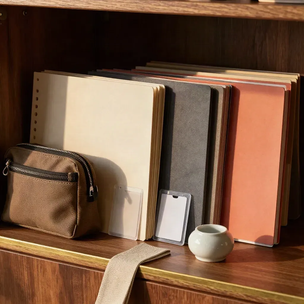 Fichiers de voyage, pochette fermée et étuis de cartes sur une étagère en noyer.