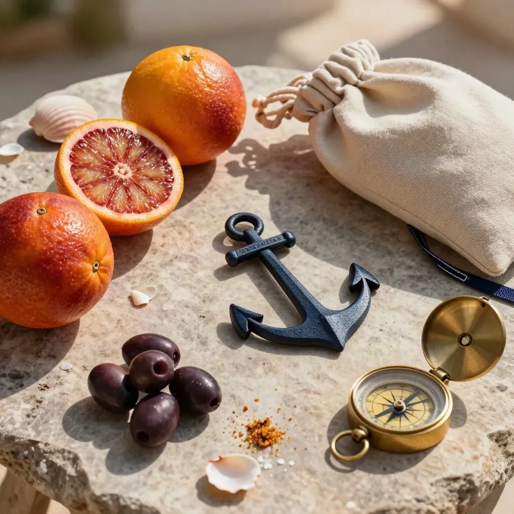 Moodboard de voyage avec agrumes, olives, coquillages et boussole sur table de pierre.