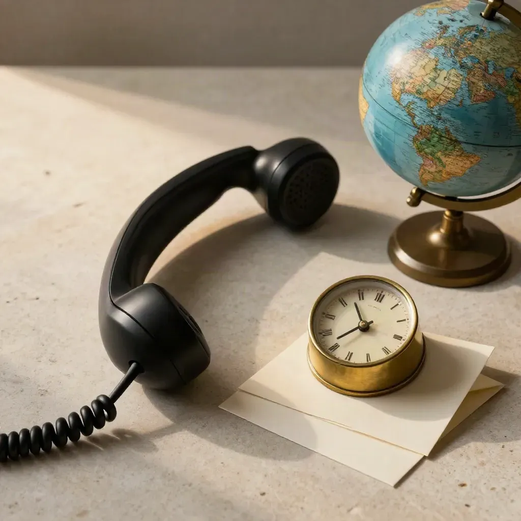 Combiné noir, petite horloge en laiton et globe sur pierre claire, lumière douce.
