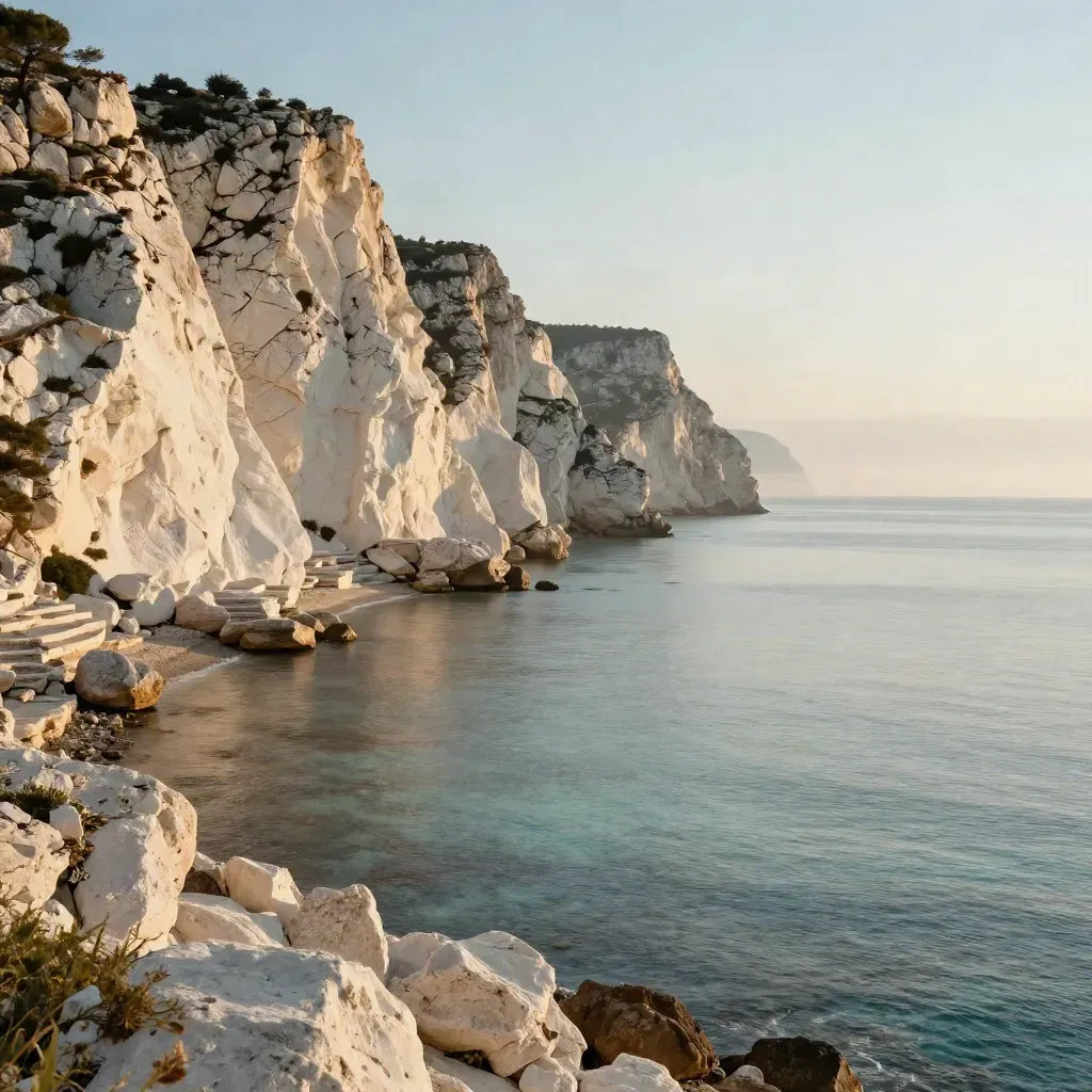 Falaises calcaires de la Côte d’Azur au soleil couchant, mer calme et horizon brumeux.