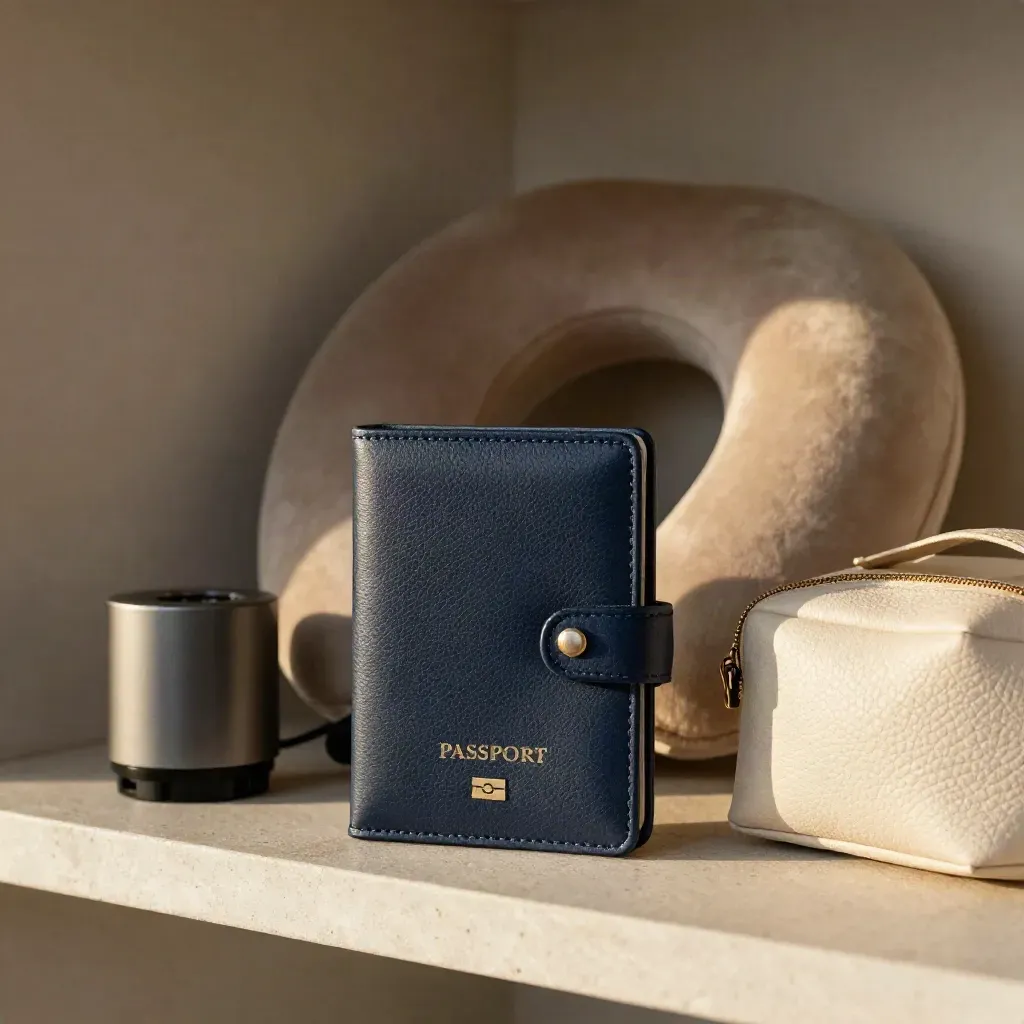 Pochette passeport, adaptateur, coussin et trousse de toilette sur une étagère en pierre.