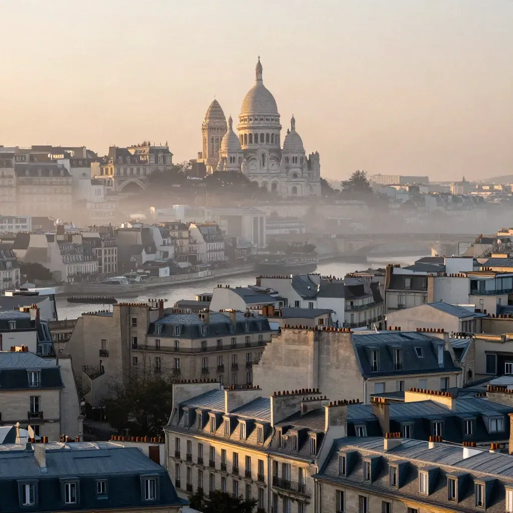 Sacré-Cœur sur Paris à l’aube, toits d’ardoise et brume douce de l’Île-de-France.