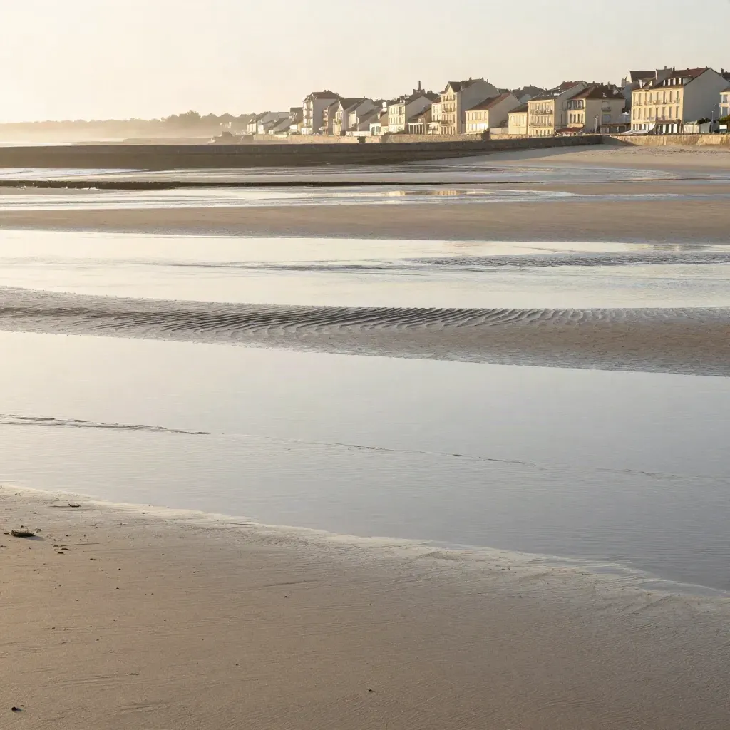 Littoral de Nouvelle-Aquitaine à marée basse, sable pâle et ville côtière lointaine dans la brume.
