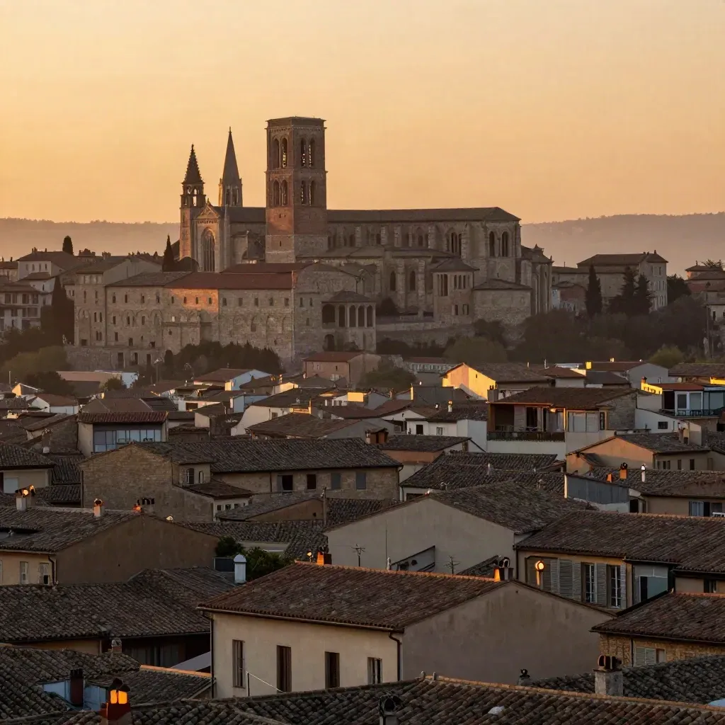 Vue de l’Occitanie au coucher du soleil, toits de terre cuite et silhouette de cathédrale au loin.