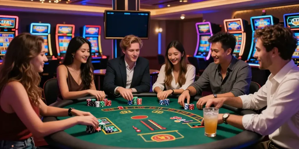Scène animée de joueur à 666Gambit Casino, ambiance de jeu conviviale.